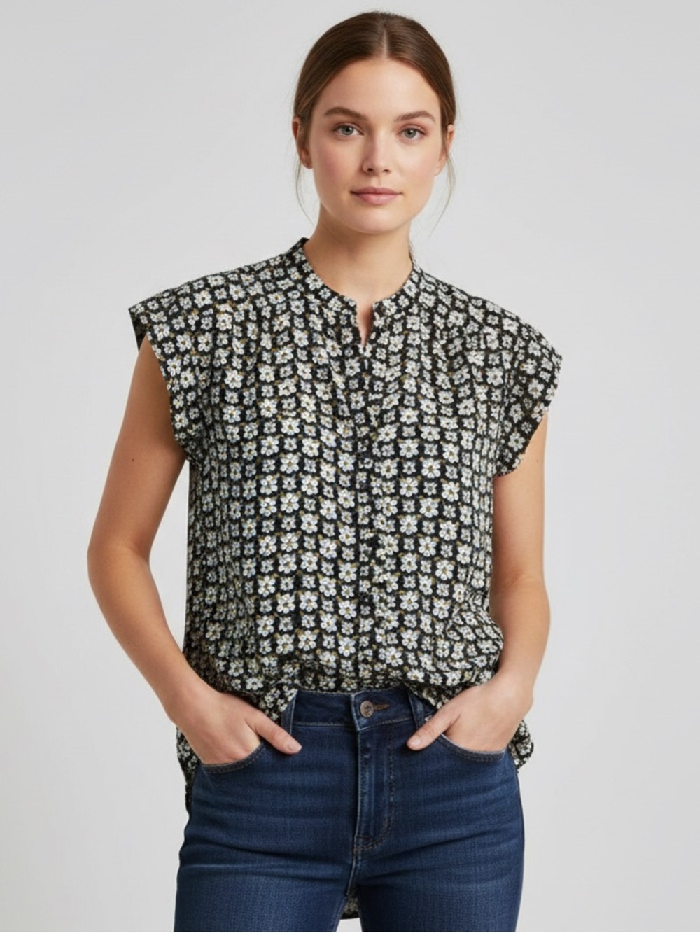 LOFT Floral Print Button Front Short Sleeve Blouse Top XXS Dark Green White